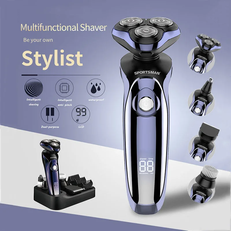 

Wet Dry Men's Rechargeable Electric Shaver 3 Floating Heads Beard Nose Ear Hair Trimmer for Men Razor Clipper Facial Brush