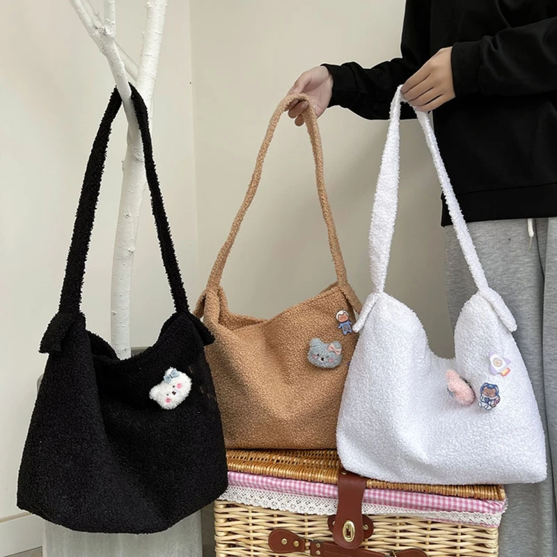 

Cute Cartoon Plush Shoulder Bag Women Girls Casual Shopping Handbag Student Solid Large Capacity Messenger Satchel Tote Bookbag