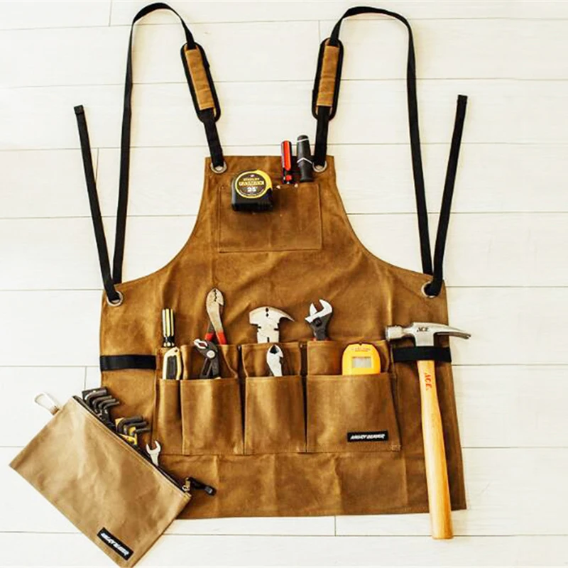 

Hot Waxed Canvas apron oil wax cloth Multiple pockets with tools Senior Shoulders Chef apron for BBQ Men waterproof cooking logo