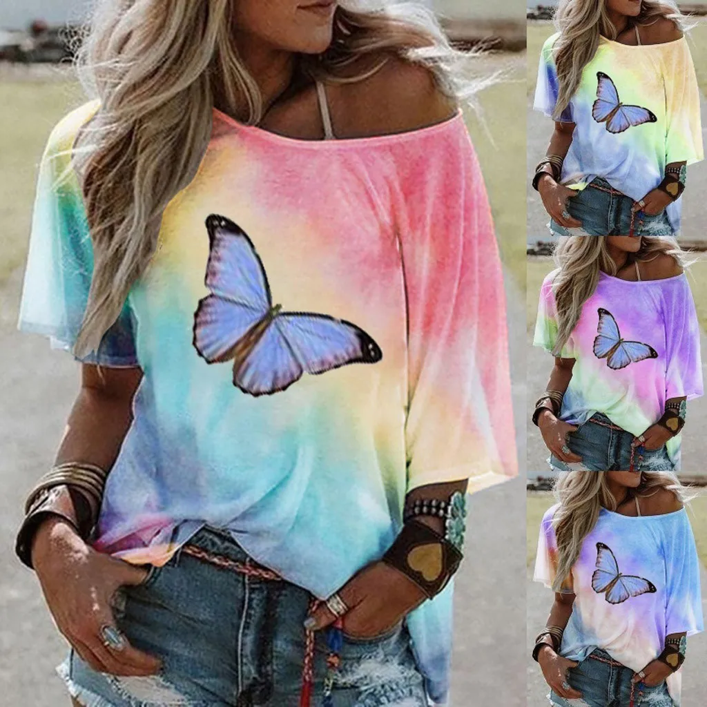 35 # для женщин Большие размеры женские футболки на одно плечо BohoTie dye