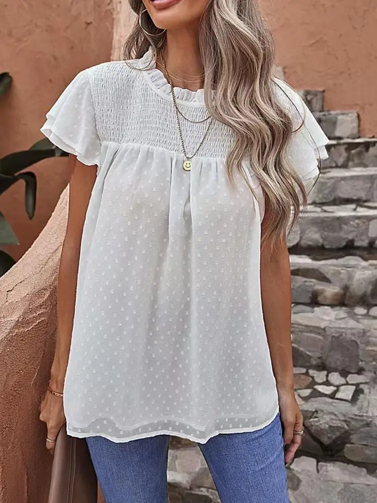 

Trend Woman Blouse White Dots Jacquard Chiffon Folds Loose Round Neck Pullover Unique Casual Short Sleeve Fashion Female Blouse