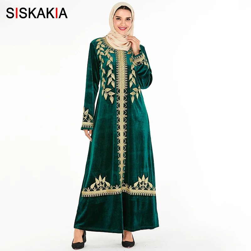 Green abaya Siskakia арабские платья абайя шикарные Золотые листья Вышивка мусульманское длинное платье Синий бархат Стразы Дубай платья для женщин - Цвет: Green abaya