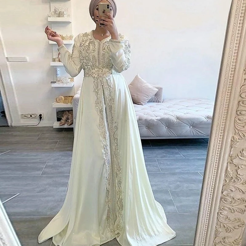 

Атласное Вечернее платье-трапеция Musilim, с круглым вырезом, длинными рукавами, бусинами и аппликацией, платье для выпускного вечера