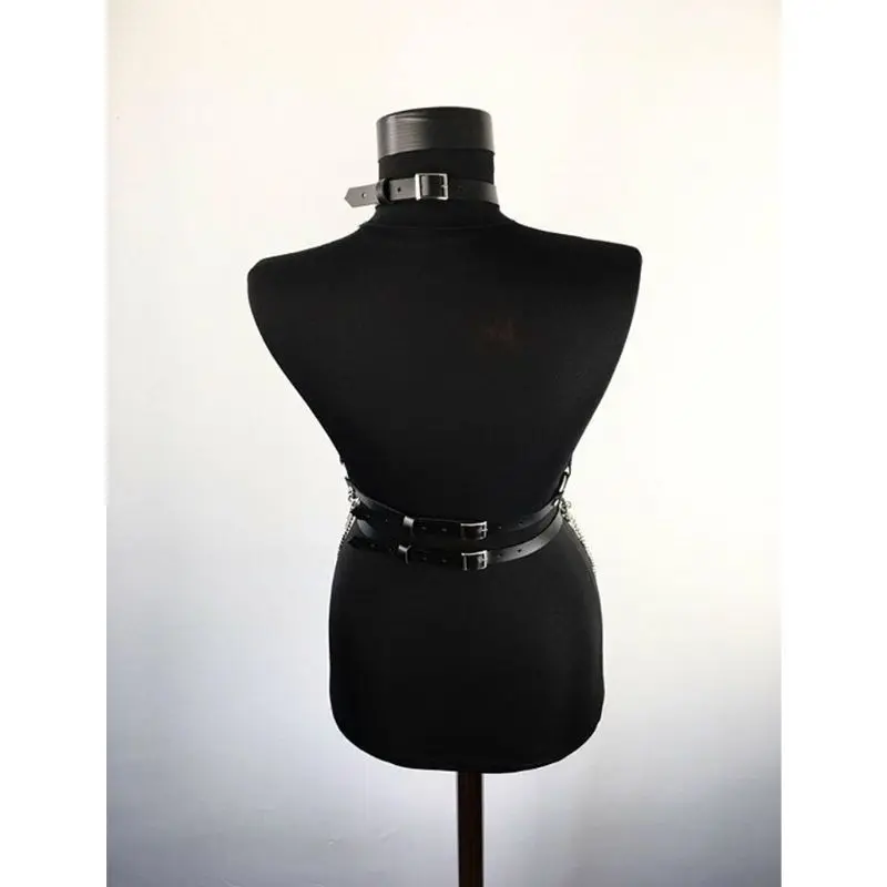 

Womens Punk Faux Leather Waist Belt Halter Neck Body Chest Harness with Chain
