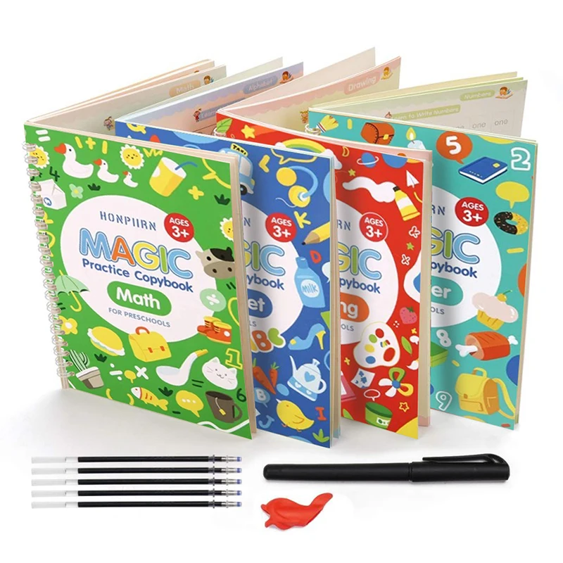 

4 Books/Sets of Children's School Copybook 3D Calligraphy Reusable Handwriting Practice Learn Writing English Magic Stationery