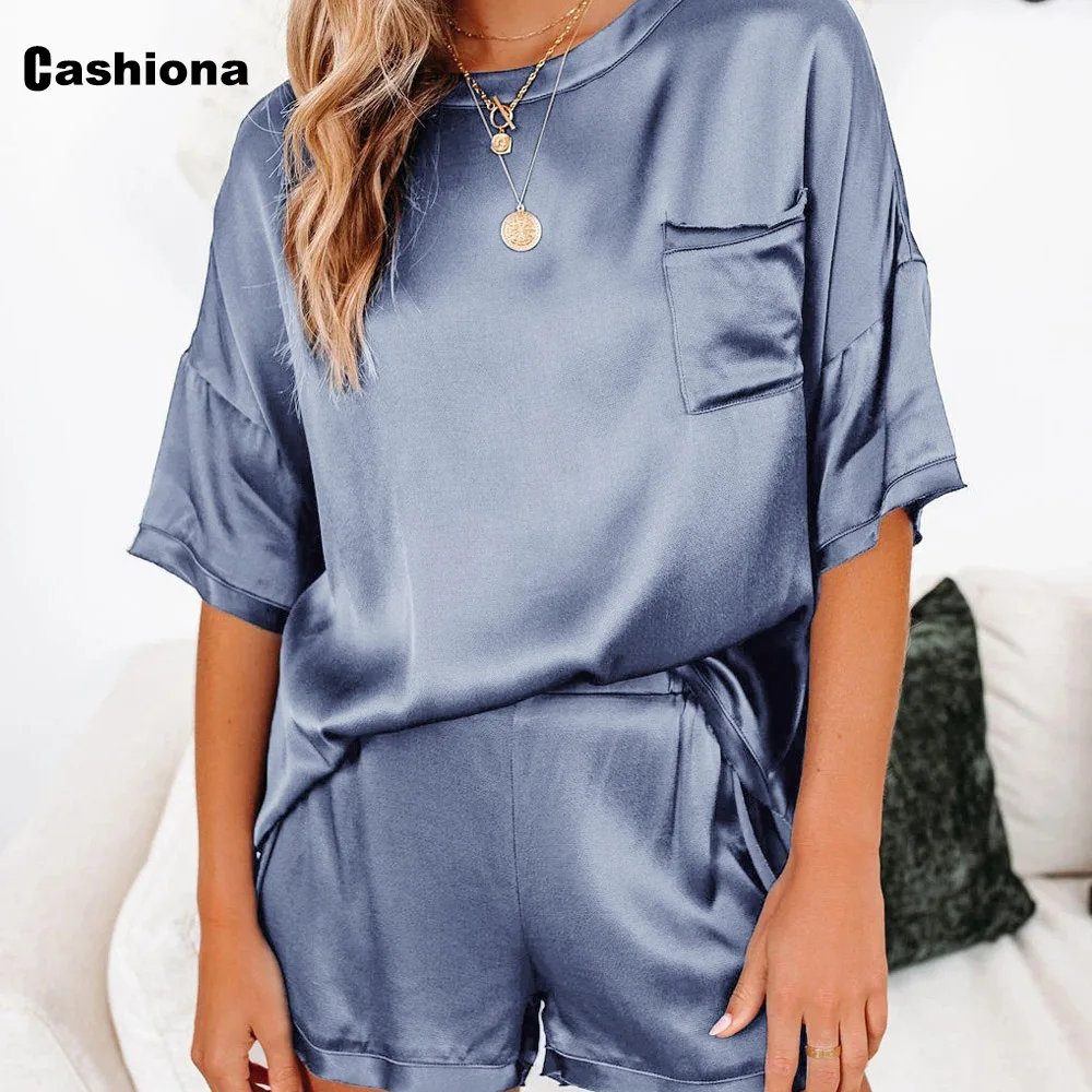 Cashiona Imitation Silk Women Pajamas Set 2021 Summer New Half Sleeve Casual Top And Loose Shorts Jersey Femme Two Piece Outfits