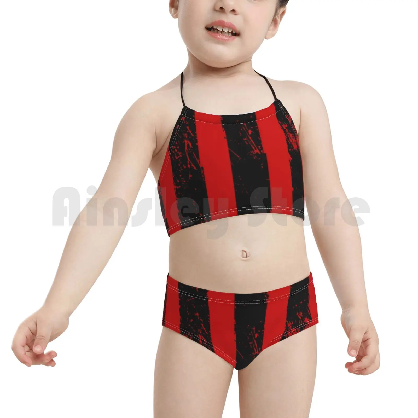 Купальник в красно-черную полоску бикини с подкладкой и высокой талией