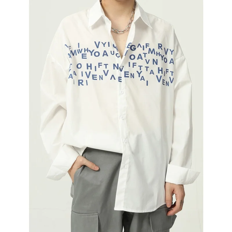 

Menswear Fashion Letter Printed Shirt Male's Autumn 2021 New Lapel Single Breasted Long Sleeve Casual Loose Shirts Male Top