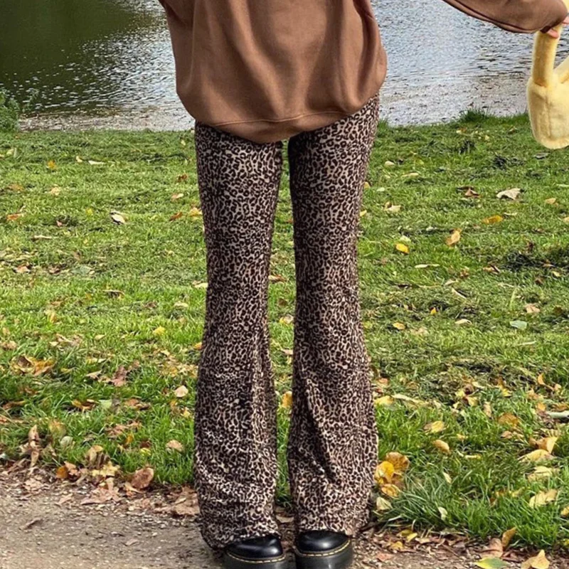 

Brown Leopard Joggers Leggings Y2K Double Layer Flare Vintage Slim Print High Waist Long Pants Wild Autumn 90s Outfits E-girl