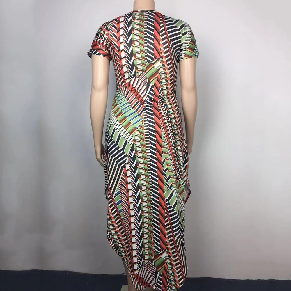 

2021 Summer New Fashion African Oversize Printing Western Style Women's Dress High Waist Summer Round Neck Irregular Casual