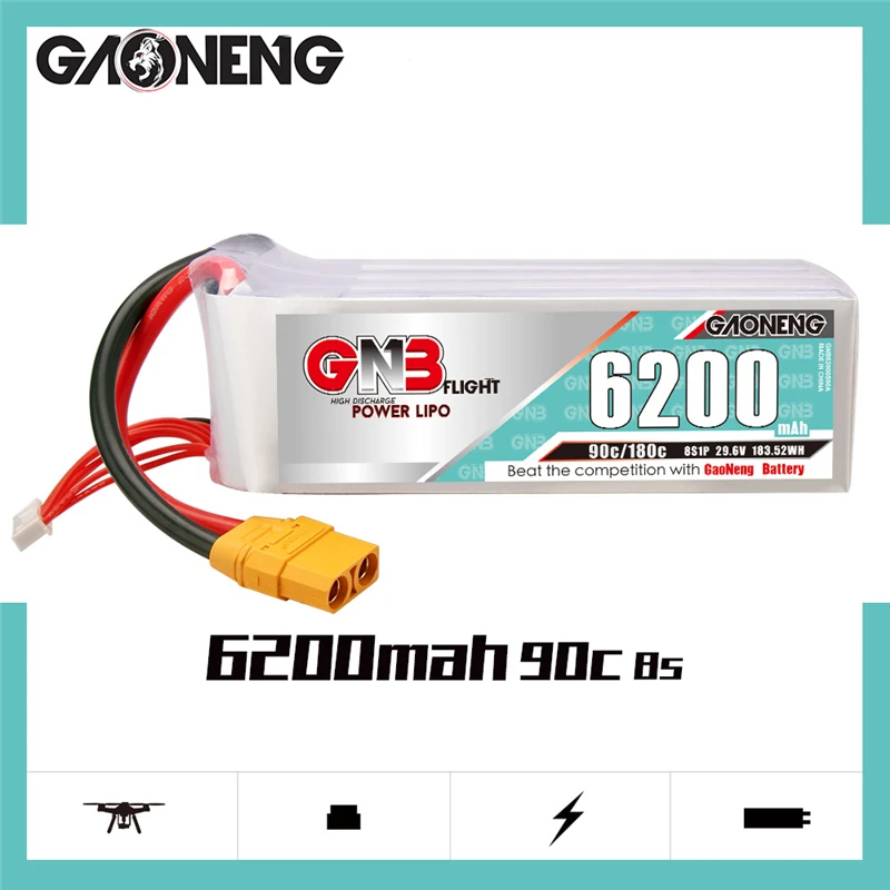 

Gaoneng GNB 29.6V 6200mAh T/XT60/XT90/XT150/EC5/TRX Plug 90C 8S LiPo Battery for FPV Racing Drone Quadcopter Accessories Part