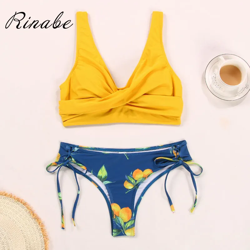 

Rinabe 2021 New Bikini Lemon Print Swimsuit High Waist Bikini Set Solid Color Swiwmear Sexy Bikinis Beach Women Bathing Suit