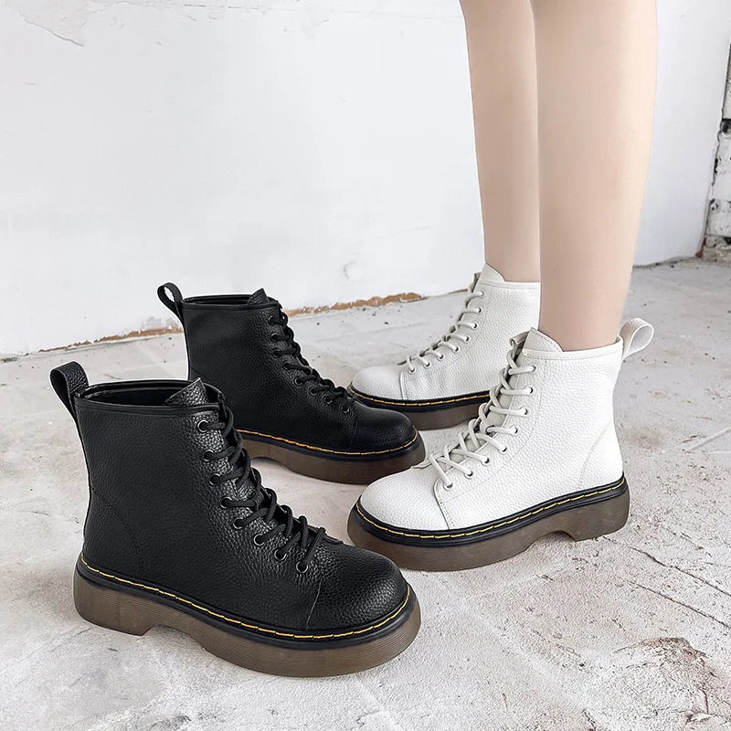 

2021 Fashion Women Martins Ankle Boots Spring Autumn Lace-up Leather Shoes Dr. Motorcycle Short Boot Female Black Booties