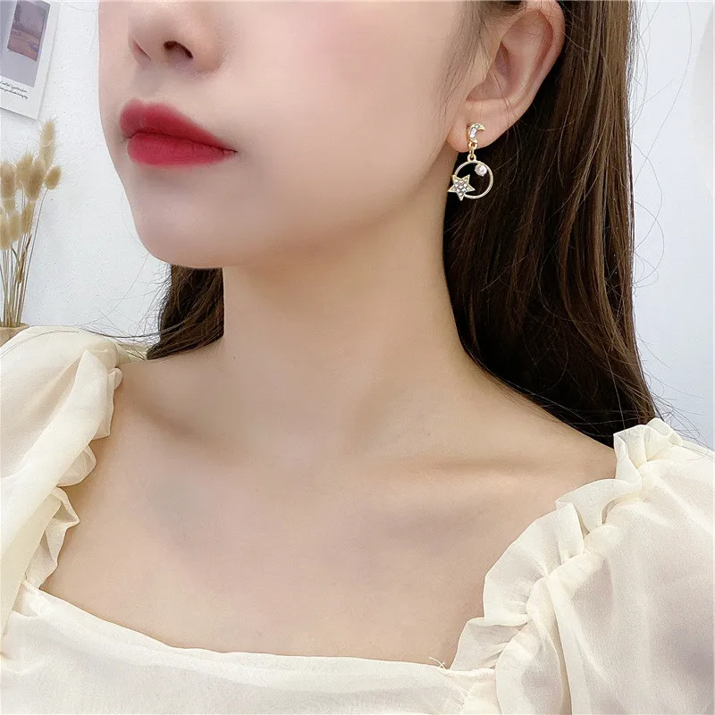 

The New Stars The Moon In 2020 Asymmetric Stud earrings Temperament Joker Earrings Korea Earrings Female Personality