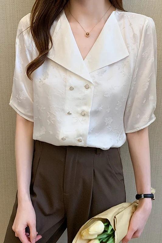 

Houthion Silk Satin Slim Women's Blouses New Casual Blouse Solid Color Buttons Shirt Fashion Short Sleeve Top Summer V-Neck