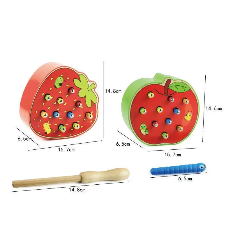 

Baby Wooden Toys 3D Puzzle Early Childhood Educational Toys Catch Worm Game Color Cognitive Magnetic Strawberry Apple