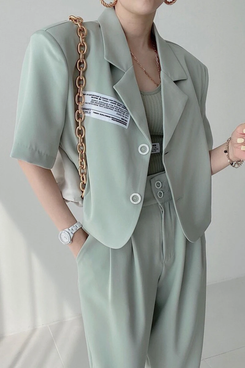 

Korean chic temperament lapel letter patch two button suit jacket + high waist straight casual trousers trousers
