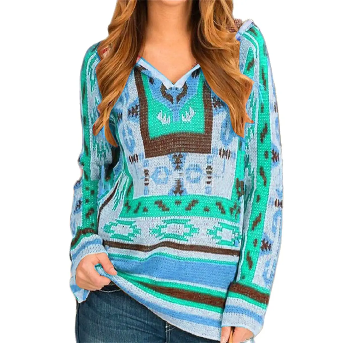 Женский свитер с капюшоном повседневный Свободный пуловер в этническом стиле