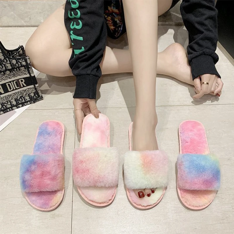 

Summer Fluffy Cute Fur Slippers Shoes Women Female Winter Slippers Fashion Fur Slides Warm Indoor ladies Home Shoes Pink