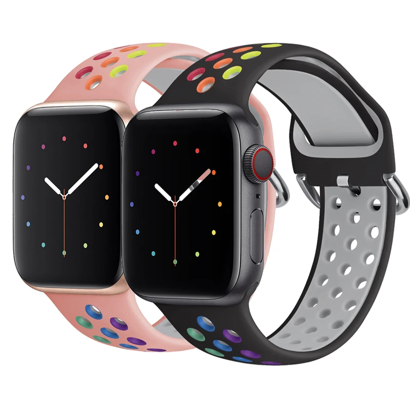 

Ремешок силиконовый для iWatch Band 1 23 4 5 6 SE 38 40 42 44 мм, резиновый браслет для смарт-часов, люксовый Браслет для Apple IWatch Series