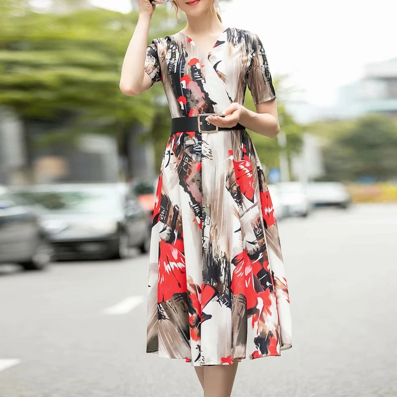 

Женское винтажное платье с поясом, подиумное платье с V-образным вырезом, коротким рукавом и цветочным принтом, новинка 2021