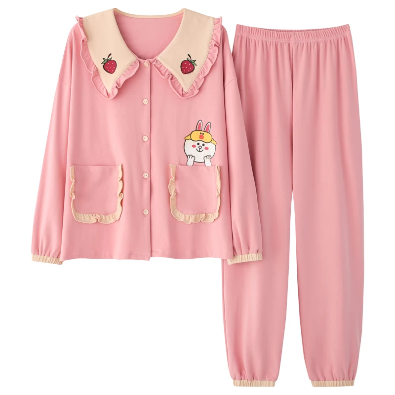 

Autumn Lapel Cardigan Cotton Sleepwear Women Pajamas Set Long Sleeve Loose Cartoon Print Female Home Winter Pyjamas Set 5930