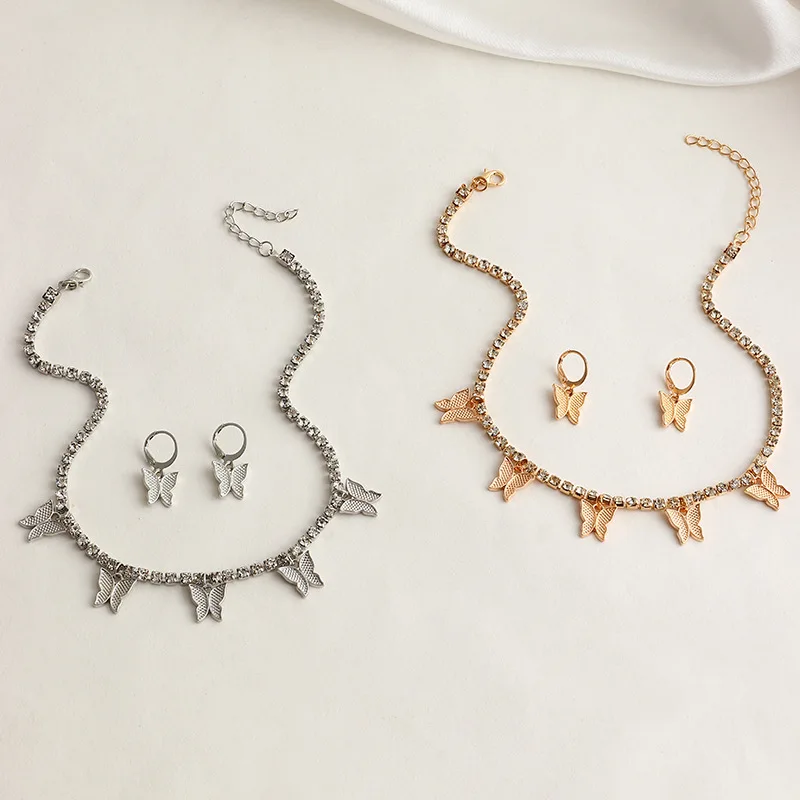 

Vintage Temperament Rhinestone Crystal Butterfly Pendants Clavicle Chain Necklace & Earrings For Women Accessories Jewelry
