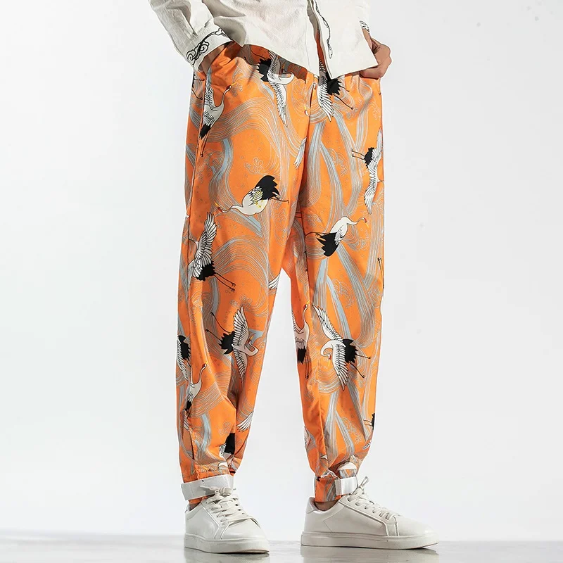 Штаны шаровары в китайском стиле с принтом журавль повседневные свободные