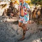 Мужские пляжные комплекты, летняя однобортная рубашка с коротким рукавом и принтом в стиле пэчворк, пляжные шорты, Модный повседневный костюм-двойка