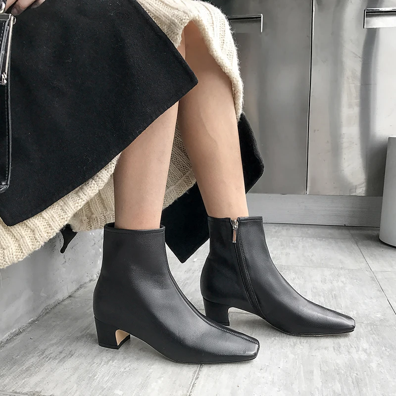 

ISNOM Sheepskin Boots Women Ankle Booties Woman Thick Heels Med Shoes Female Square Toe Zip Shoes Ladies Spring 2020 New