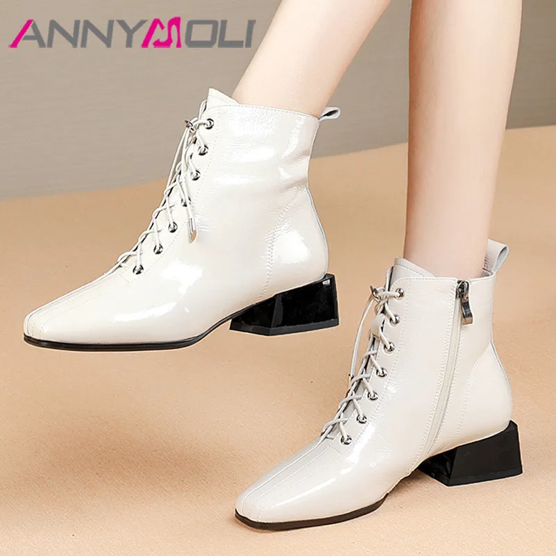 

ANNYMOLI Real Leather Mid Heel Short Boots Women Ankle Boots Shoes Square Toe Block Heels Zip Lace Up Boots Lady Autumn Winter
