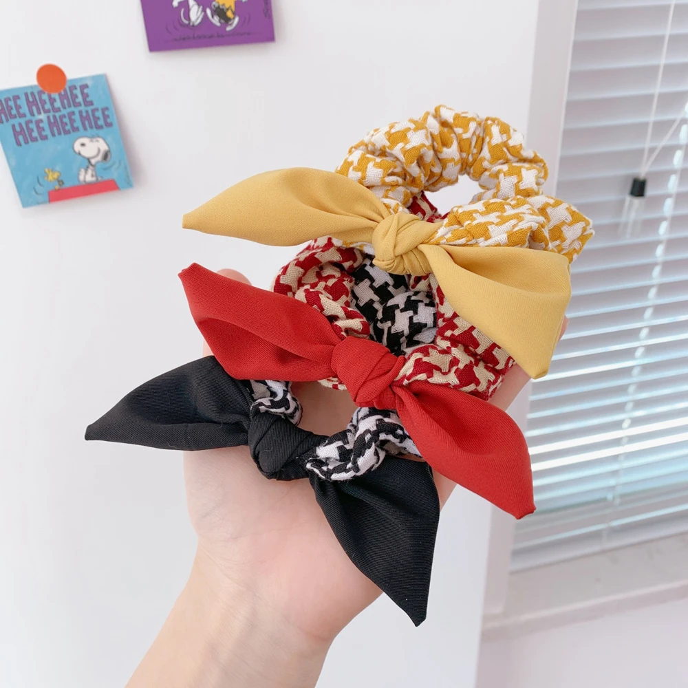 

French Style Plaid Pattern Scrunchies Retro Girls Hair Rope Rabbit Ear Bow Knotted Elastic Hair Band Ponytail Hair Accessories