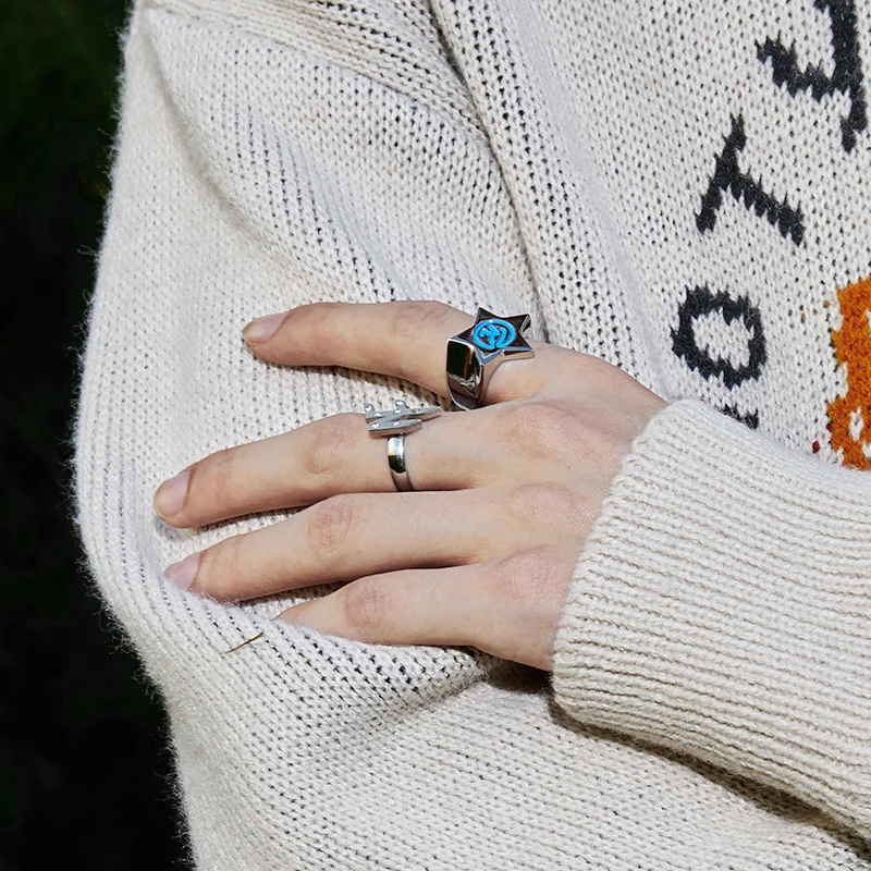 

Drip Glaze Multicolor Five-pointed Star Couple Ring Japanese and Korean Niche Design Symbol Hip-hop Fashion Retro Open Ring