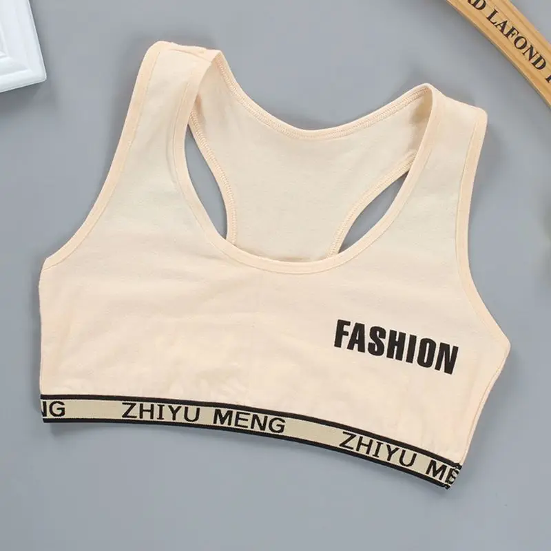 

Junior Girl Racerback Cotton Sport Training Bra Letter Print Solid Color Wide Strap Underwear Bralette Seamless Layered Crop Top