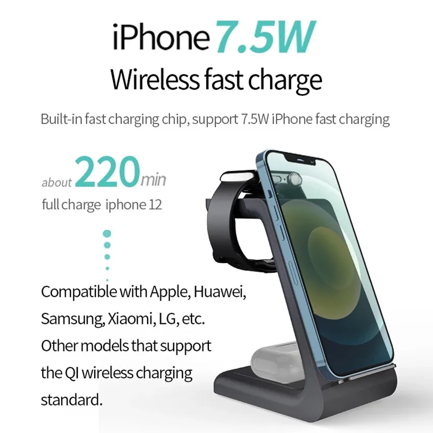 

Беспроводное зарядное устройство 3 в 1, подставка для iPhone 11/12 Pro Max Qi 15 Вт, индукционные зарядные устройства для быстрой зарядки Apple Watch AirPods Samsung