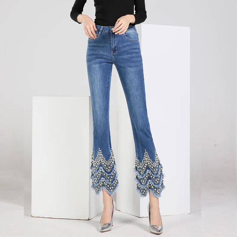 Женские джинсы ручной работы FERZIGE голубые расклешенные с вышивкой бисером узкие