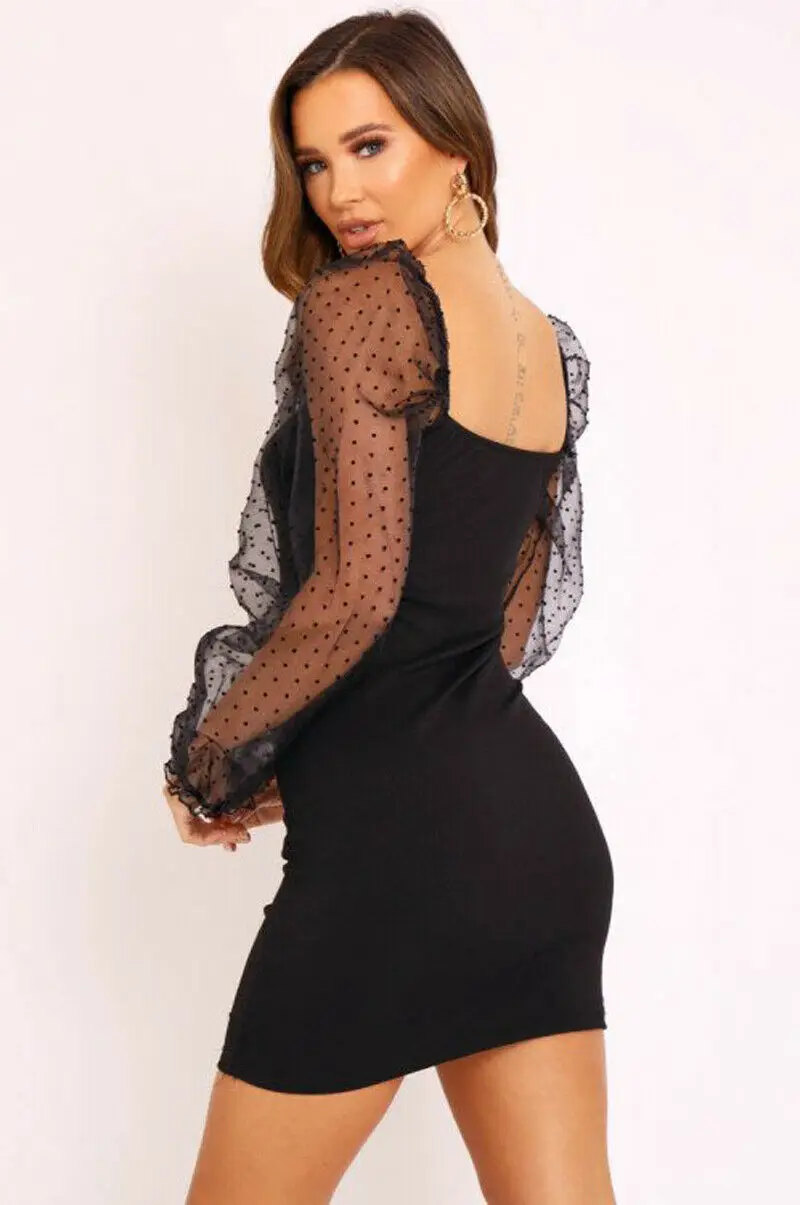 Женское Короткое облегающее платье с квадратным вырезом сетчатым
