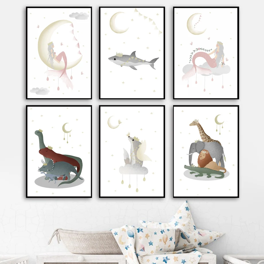 

Fantasy Mermaid Dinosaur Swan Elephant Fox Wall Art Canvas Painting Nordic Posters And Prints Wall Pictures Baby Kids Room Decor