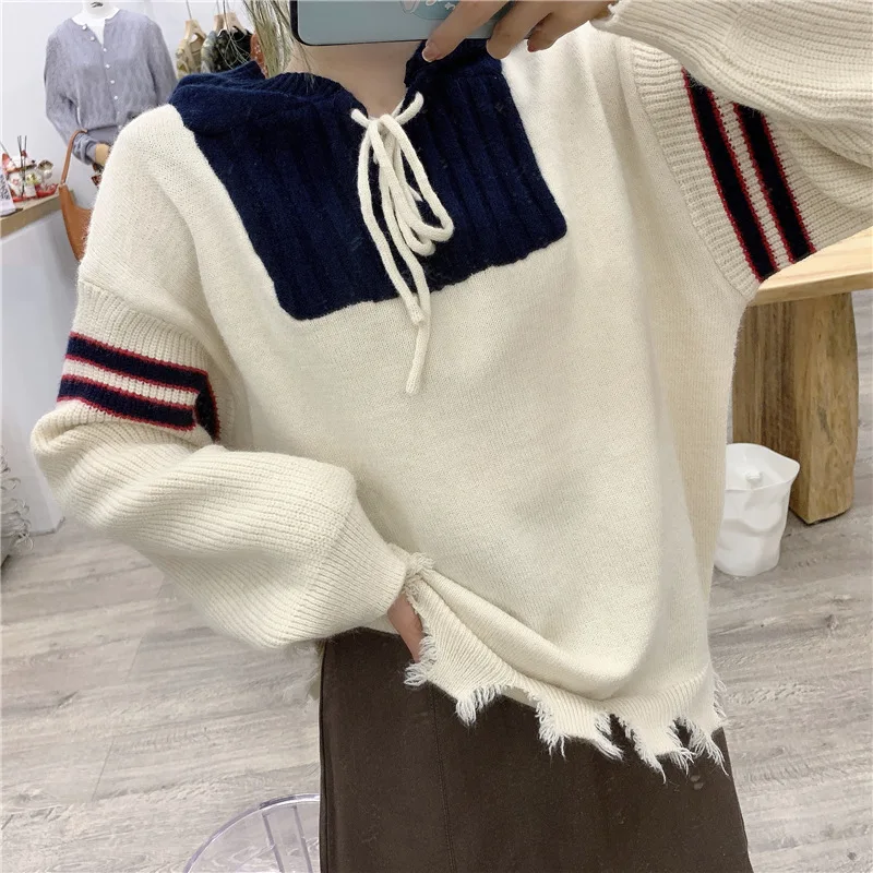 

Fall New Style Korean Retro College Hooded Stitching Hem Cut Torn Women's Pullover Winter Clothes Women 2020 Vintage Long Sleeve