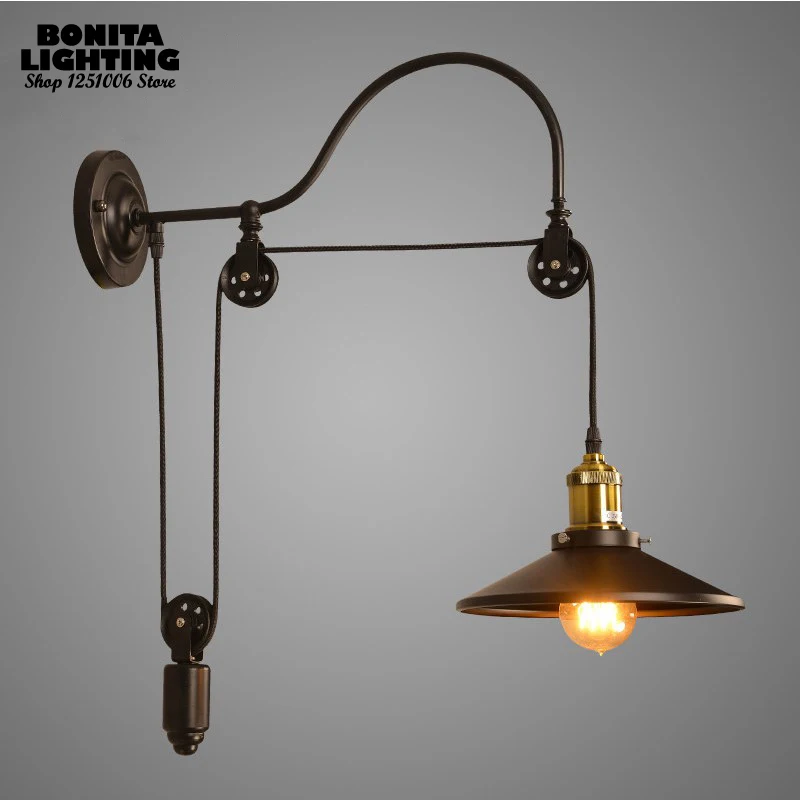 Винтажный настенный светильник Эдисона медный Железный шкив подъемный