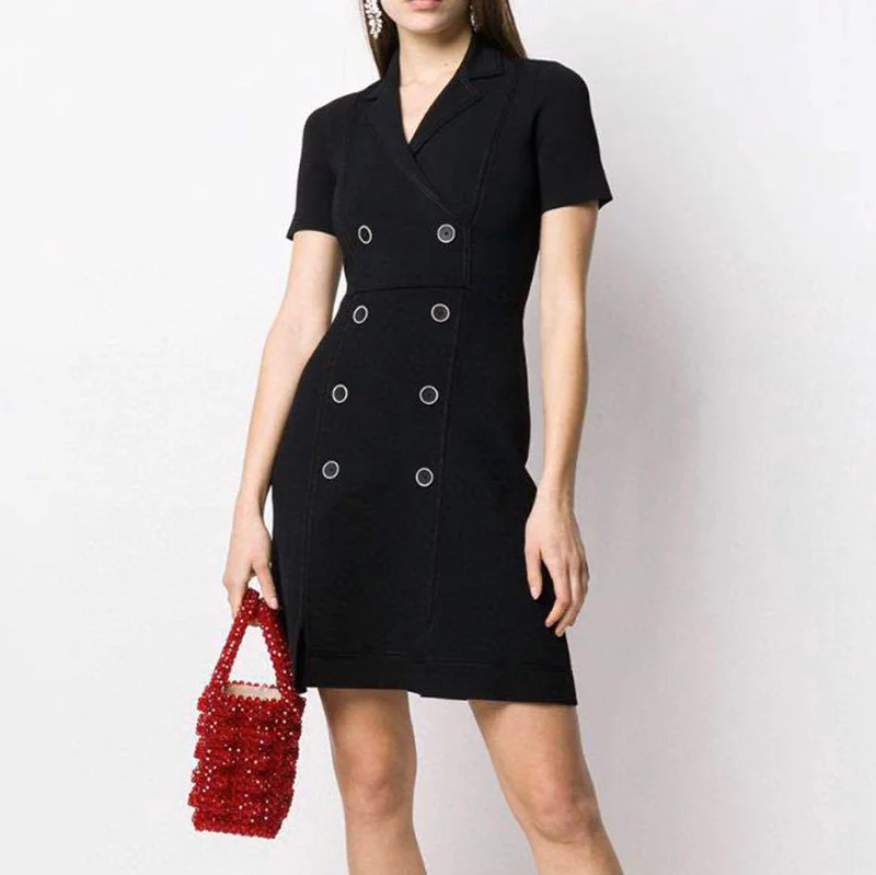

Patads light luxury French knitted dress spring and summer solid color suit collar slim skirt women
