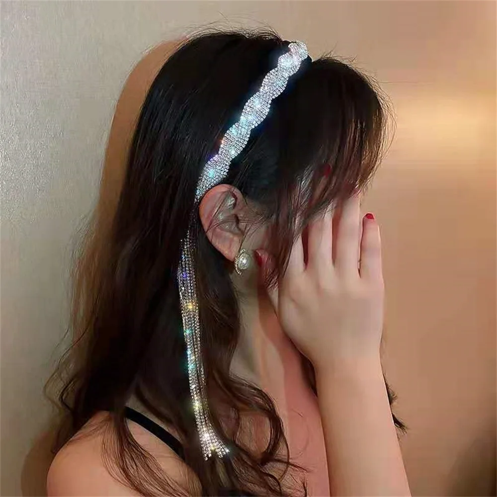 

Fashion Rhinestone Tassel Headband For Women Simple Hair Accessories French Retro Headdress Flashing Rhinestone Hair Band