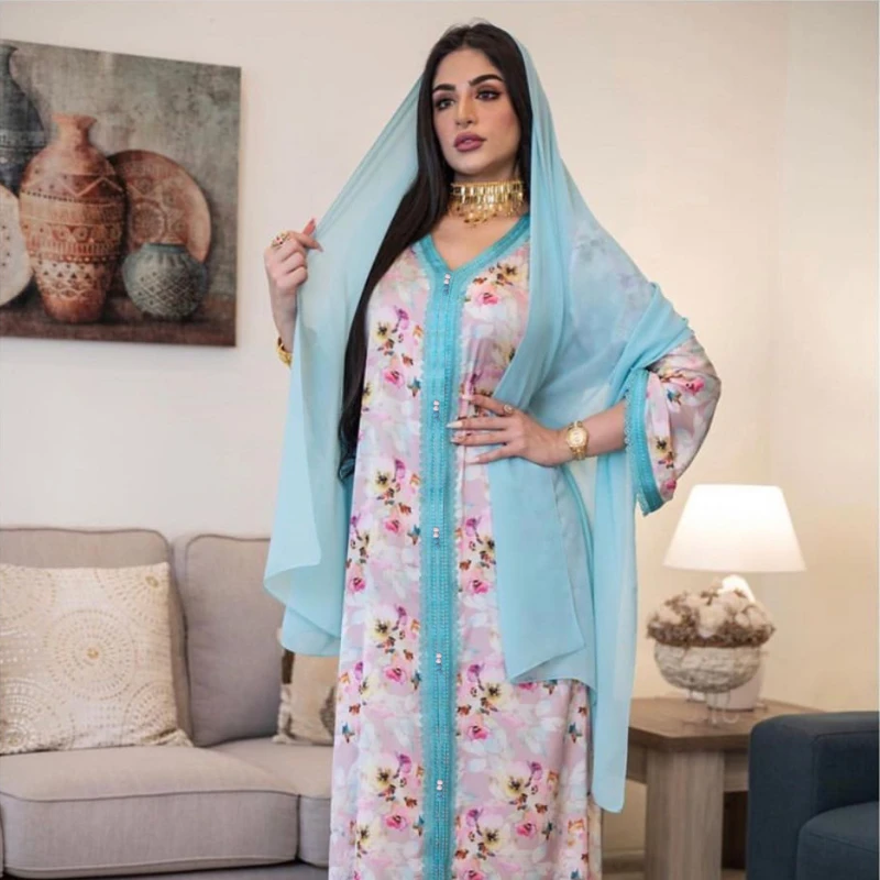 

2021 Summer New Ethnic Style Middle East Women's Clothing Saudi Arabia Libya Kaftan Dress Lace Print Long Abaya Muslim Eid Dubai