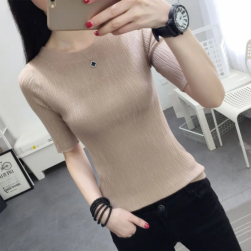 

Summer 2021 new women's round neck versatile knitted bottomed sweater Pullover medium sleeve thin short top fashion