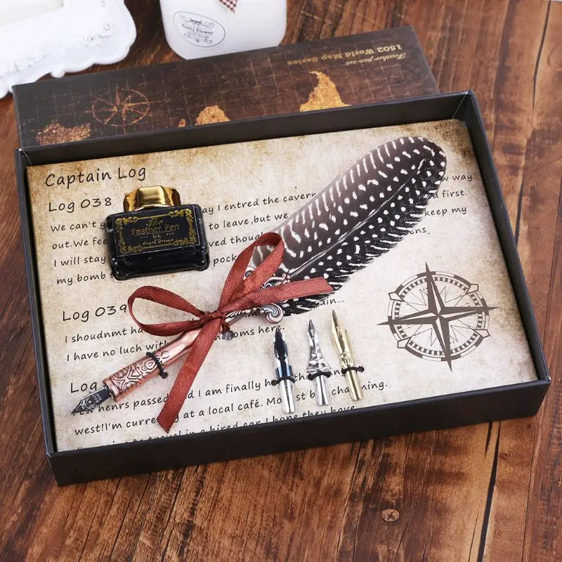 

Винтаж перо гусиное перо для чернильницы перьевые ручки с чернилами + 3 перьями набор коробка канцелярских принадлежностей U4LD