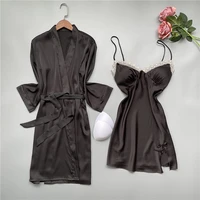 black 2pcs women sleepwear rayon nightyrobe suit nightdress casual intimate lingerie nightgown print kimono bathrobe gown