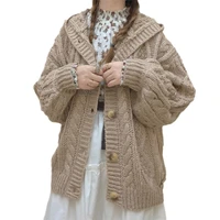 japanese vintage v neck cardigan sweater women button down cable knit open front long sleeve cozy hooded oversize coat outerwear