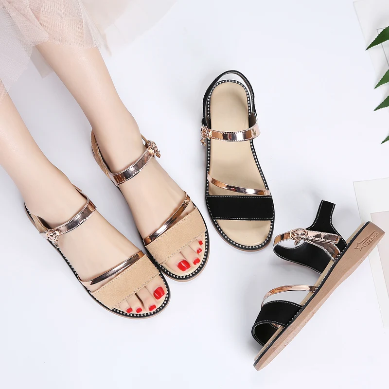 

2021 Summer Retro Women's Sandals Solid Sewing Women Casual Flat Shoes Comfort Ladies Buckle Open Toe Hook Loop Female Shoes