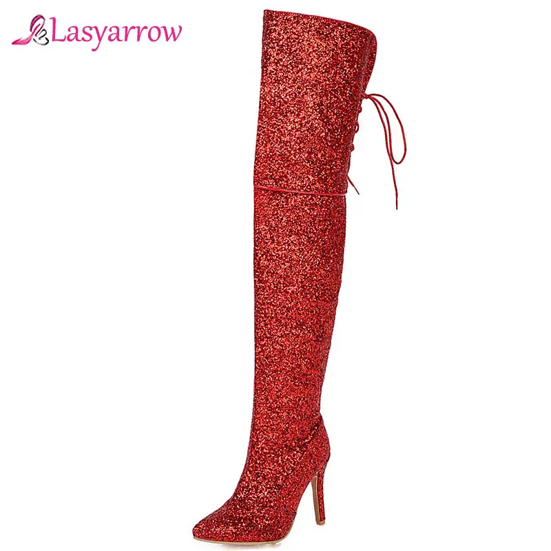 Lasyarrow-Botas por encima de la rodilla para mujer, zapatos de tacón alto, puntiagudas, ostentosas, hasta el muslo, talla 48
