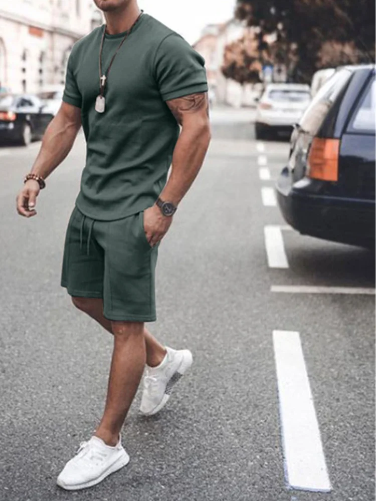 

Men's Fashion Casual Cotton Short-sleeved Shirt Shorts 2-piece Suit 2021 Summer Men's Suit Cotton Fabric Casual Sportswear